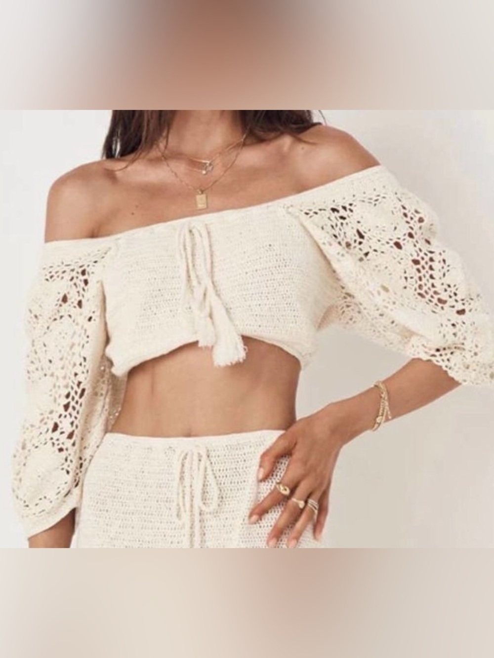 Sunshine Off-Shoulder Crochet Crop Top in Cream